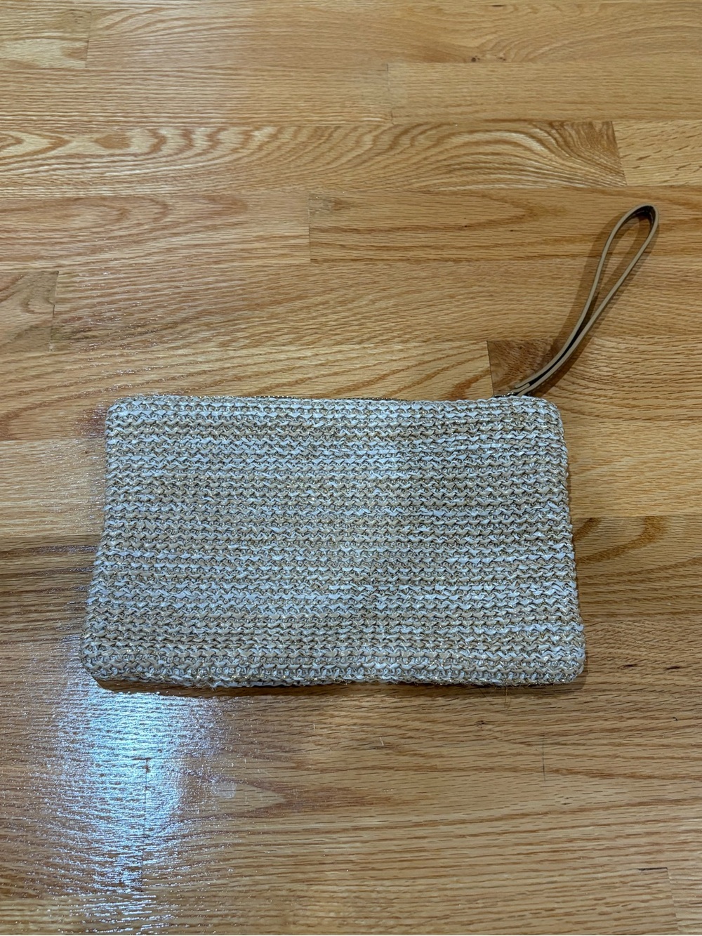 Woven Neutral Straw Wristlet Clutch with Leather Strap